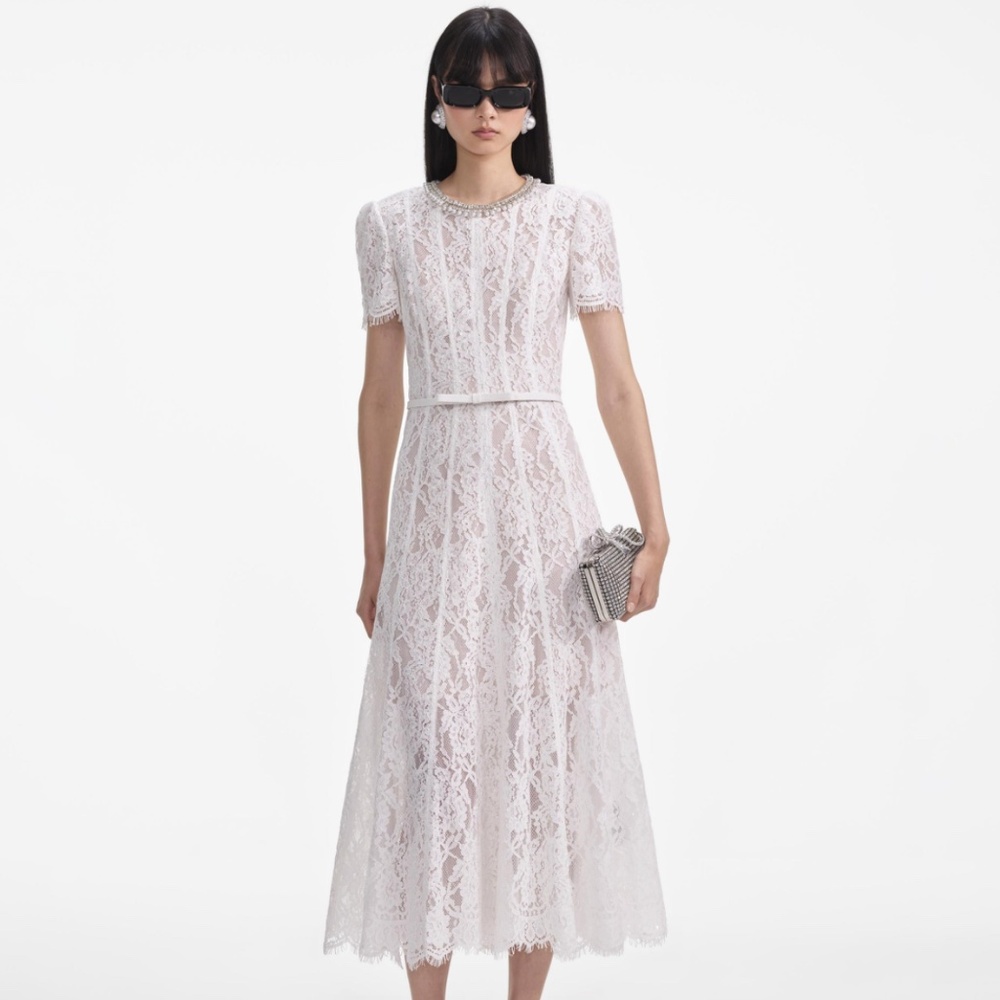 self-portrait White Sequin Lace Midi Dress - Size: US2 - MSRP $595 - NWT